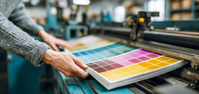 Color printing process in a factory shows hands handling a sheet of printed color samples