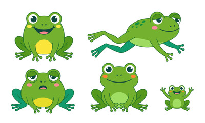Naklejka premium Four cheerful green cartoon frogs sitting together isolated on transparent background, isolated on white background, Vector Cute animal cartoon design editable new editable 2026