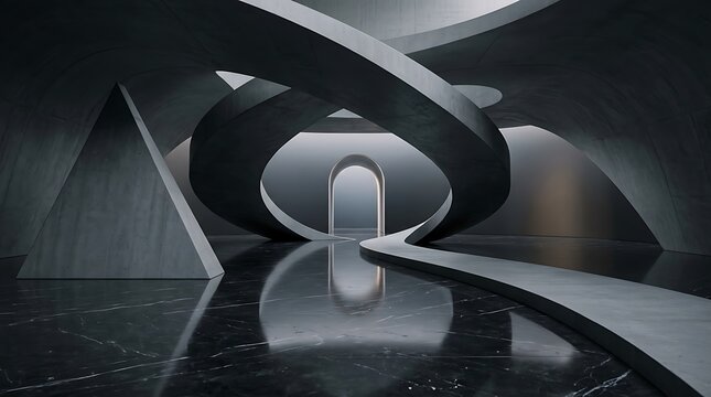 Abstract minimalist architectural space with curved concrete structures