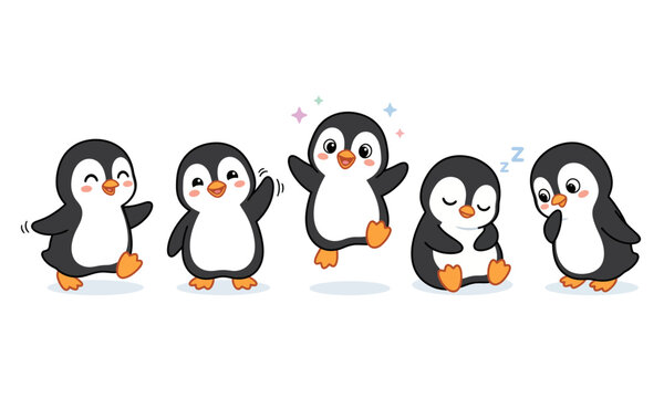 Five cute cartoon penguins standing in a line with orange beaks and feet isolated on transparent background, isolated on white background, Vector Cute animal cartoon design editable  new editable  202