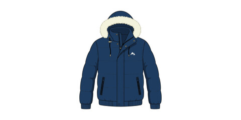 Blue puffer jacket with fur-lined hood and zipper pockets on a white background parka © Sojib Patuary