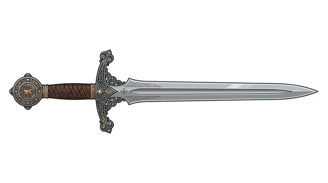 Ornate medieval sword with intricate hilt and leather grip illustration