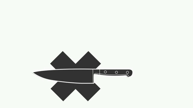 Minimal animation of a kitchen knife appearing and falling over a cross-shaped background element. Abstract motion graphic for kitchen, culinary, warning and conceptual design projects.