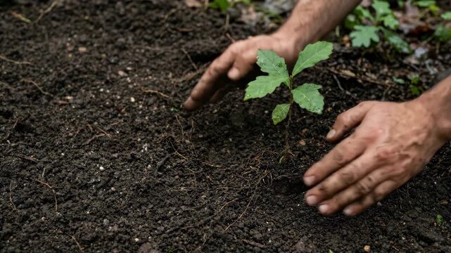 Young sapling planting with muddy hands nurturing soil and seedling hope through caring hands