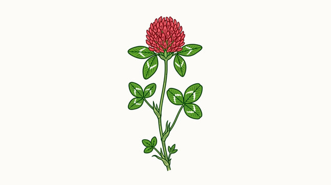 Detailed botanical illustration of a blooming red clover flower with trifoliate green leaves