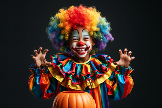 Laughing child in colorful clown costume holding jack-o-lantern bucket, Halloween spooky concept
