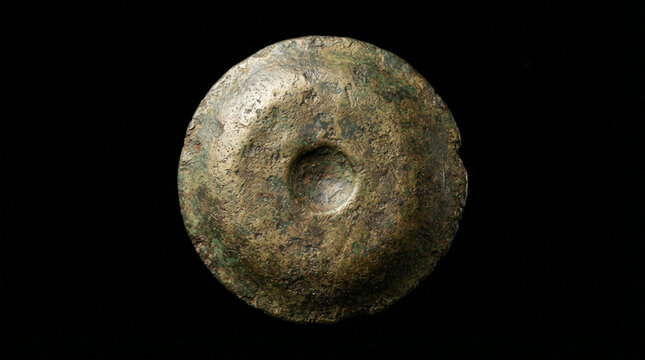 Ancient bronze circular artifact with central indentation on a black background