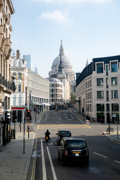 London street view toward St Paul's Cathedral in England