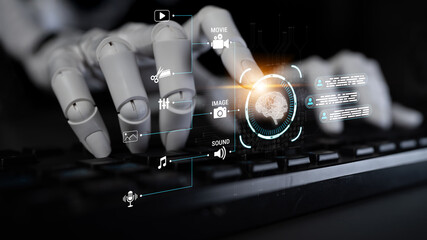 Robotic hand interacting with digital interface on keyboard showcasing technology concepts like...