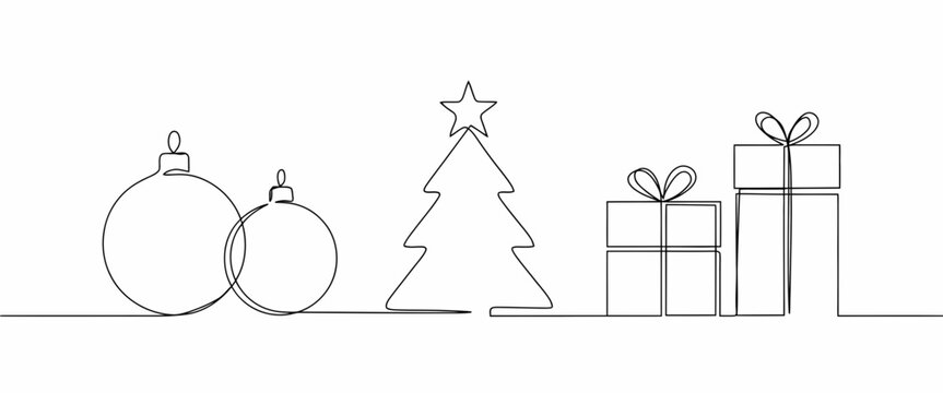 Continuous one line drawing of christmas tree, gift boxes and baubles