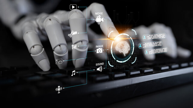 Robotic hand interacting with digital interface on keyboard showcasing technology concepts like sound, video processing, and image recognition. Sentient.