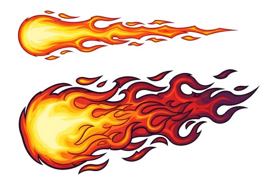 Two cartoon fireball illustrations with fiery trails burning in bright yellow and red colors