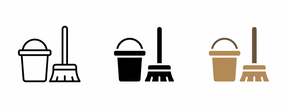 Set of cleaning icons with a bucket and a broom