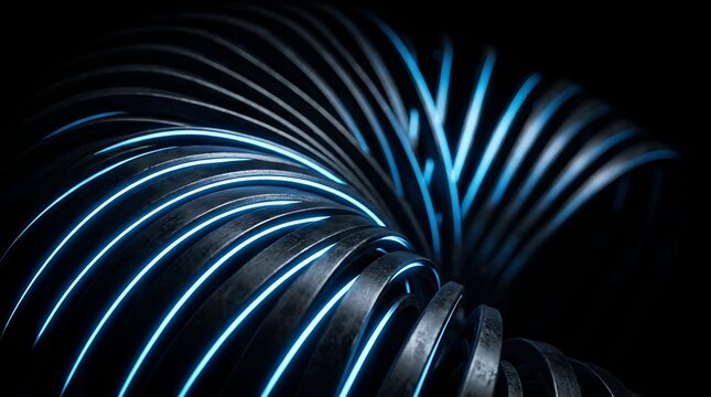 Abstract metallic coil with glowing blue neon light edges