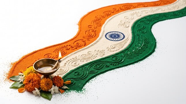 Indian Flag Rangoli Design With Oil Lamp And Marigold Flowers