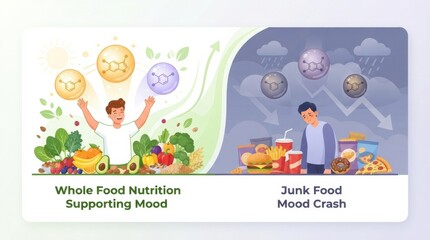 Fototapeta premium Two contrasting scenes highlight the effect of nutrition on mood.