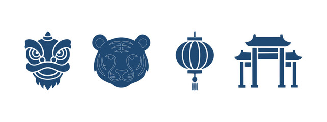 Chinese new year icons featuring lion dance tiger lantern and temple gate