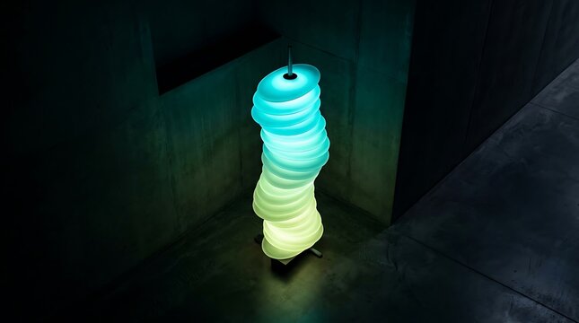 Modern sculptural floor lamp with stacked glowing translucent discs in a dark minimalist room