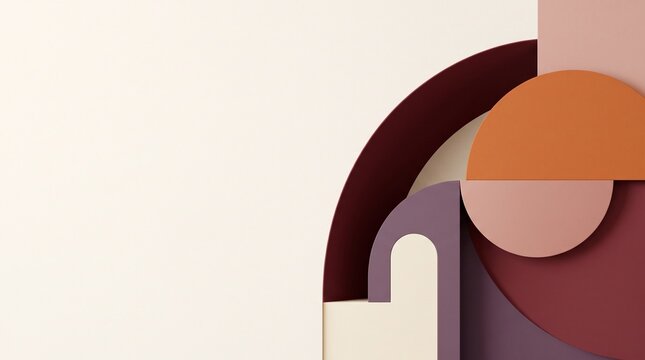 Vibrant abstract geometric composition featuring curves and semi circles in warm tones with earthy colors against light background geometric arrangement curved