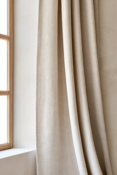 Elegant beige linen curtain draped by sunlit window for minimalist interior decor design