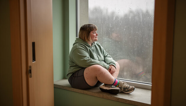 Pensive teenage girl sitting on windowsill looking outside at rainy weather, quiet contemplative moment indoors, casual clothing and thoughtful expression with copy space for text