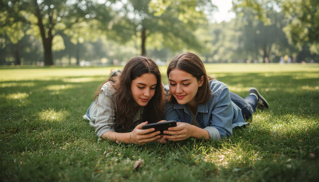 Two teenage girls lying together on grass looking at smartphone screen, sharing content and smiling outdoors in sunny park, friendship and social media concept with copy space for text