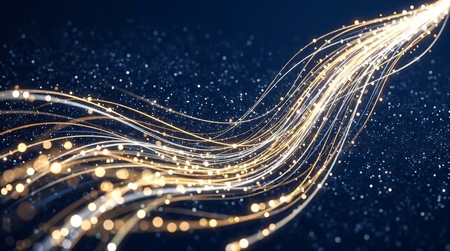 Abstract golden light trails and particles flowing on dark background