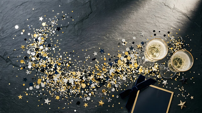 Two champagne glasses with gold glitter stars and velvet ribbon on black stone background for festive celebration