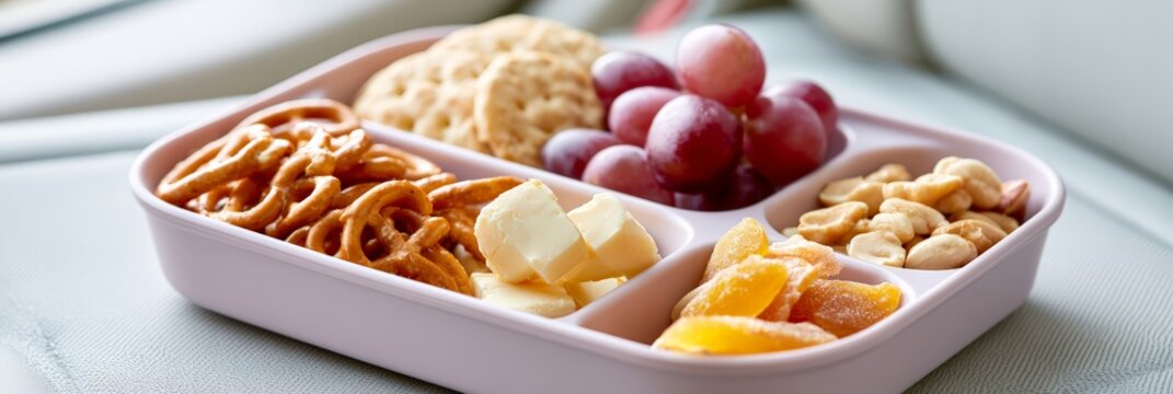 Road trip snack box with pretzels grapes cheese and dried fruit on a car seat for travel banner and snack background