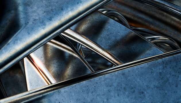 Interwoven metal rings and bars in abstract rendering