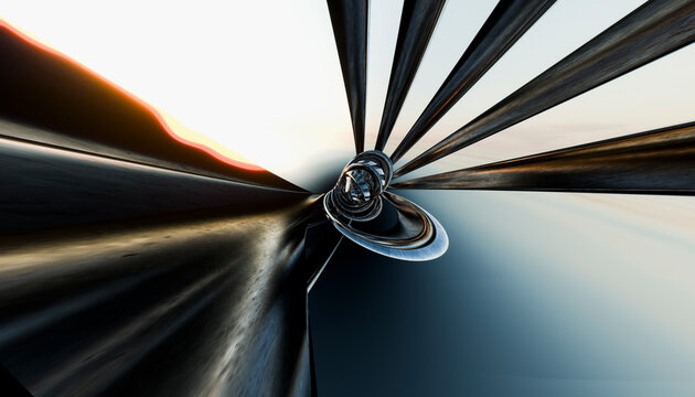 Abstract metal rings in a dark reflective tunnel rendering