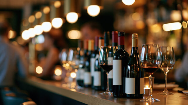 Elegant wine bar setting with red wine bottles and glasses on counter with warm ambient lighting