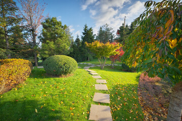 Obraz premium Winding stepping stone path cutting through a manicured green lawn with a round trimmed bush and a traditional pagoda tower visible in the background. This serene oriental park landscape