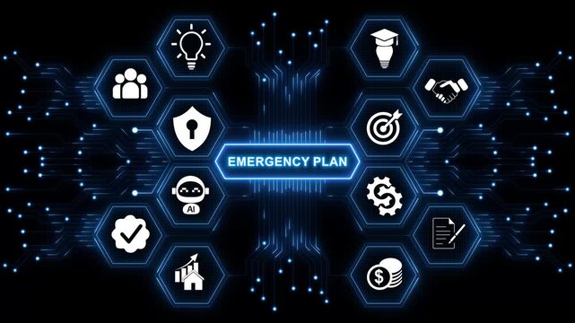 Glowing blue digital icons connected system illustrating emergency plan workflow with crisis response strategy and safety preparedness interface concept 4k motion video on transparent background.