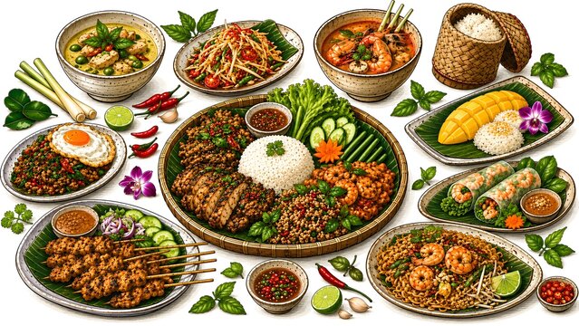 Authentic Thai Food Set Illustration with Pad Thai, Green Curry, Tom Yum, Satay, and Mango Sticky Rice Isolated on White Background