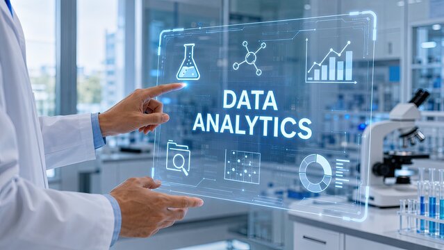 Scientist interacting with a digital display showing data analytics concepts in a modern laboratory setting