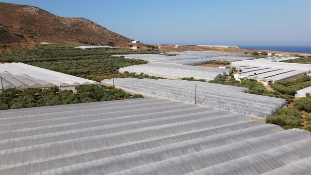 Aerial view of an agricultural greenhouse complex and cultivation fields near the sea in Crete, Greece
