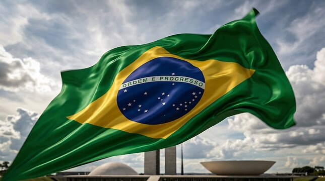Brazilian flag waving in front of the national congress