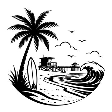 Retro black and white vector line art illustration of a tropical beach scene. Palm tree, surfboard, lifeguard tower and ocean wave on sand. Summer holiday logo design concept.