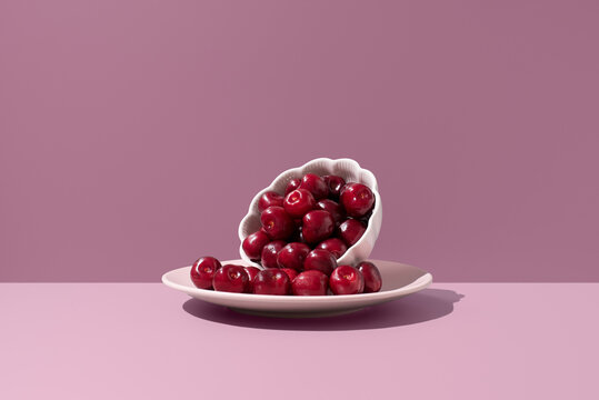 Picota cherries from Jerte Valley in white ceramic bowl