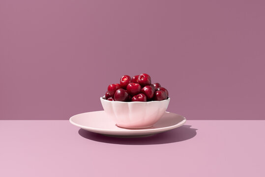 Sweet Picota cherries from Jerte Valley in pink setting