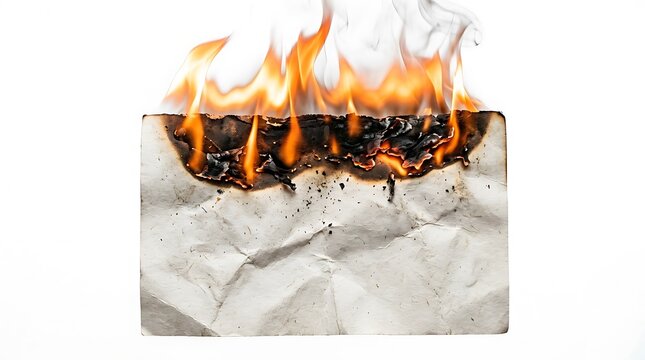 Burning piece of white paper with bright orange flames