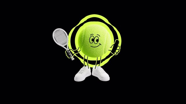 Animated tennis ball character with a racket, thumbs-up gesture, and glowing outline in a vibrant 3D/2D style. Seamless alpha-channel loop, ideal for dark backgrounds and sports projects.