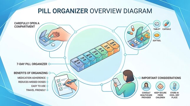 Healthcare diagram explaining weekly pill organizer benefits and use