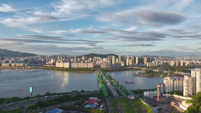 Aerial Drone View of Hangang Railway Bridge and Han River Cityscape in Seoul, South Korea