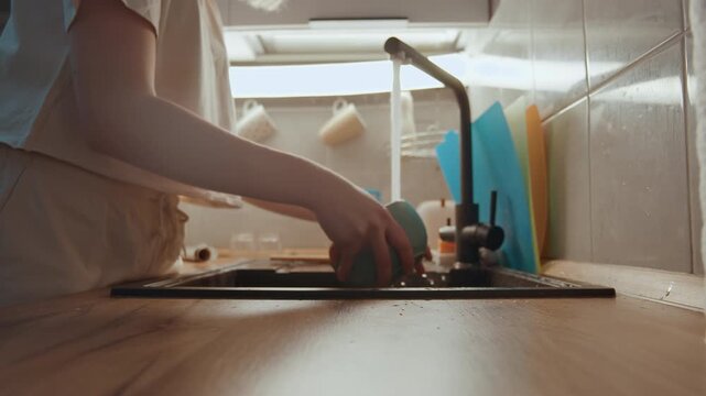 Hands rinsing ceramic bowl under running water, cooking cleanup between tasks, soft daylight, colorful cutting boards in background, intentional slow routine, tidy home kitchen atmosphere