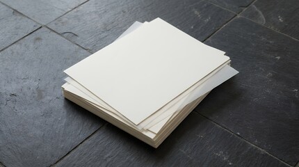 Fototapeta premium Neat pile of empty light sheets arranged on a simple slate floor for catalog design or corporate branding template display stack blank white paper papers minimalist gray grey mockup print design