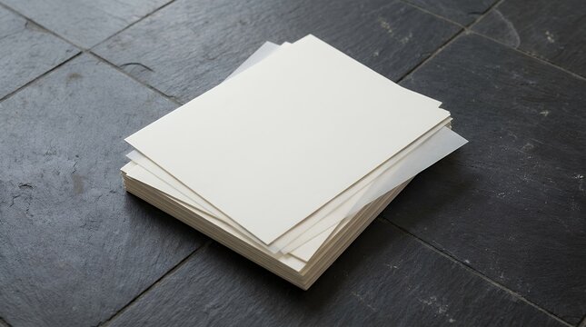 Neat pile of empty light sheets arranged on a simple slate floor for catalog design or corporate branding template display stack blank white paper papers minimalist gray grey mockup print design