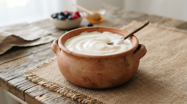 Creamy soup in a rustic clay bowl on a wooden table
