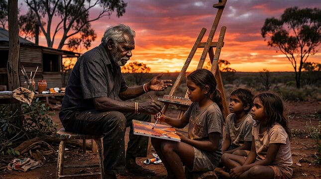 Elderly man teaching children to paint at sunset in the outback